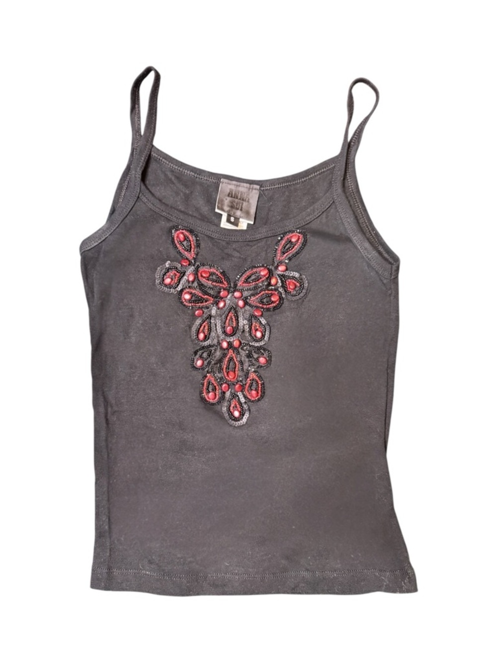 Anna Sui Black Cami top with Black + Red Beaded Details Size Small - Picture 4 of 10